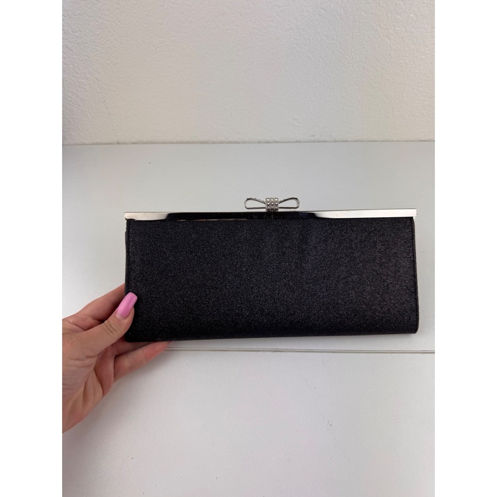 INC International Concepts Black Glitter‎ Evening Clutch Rhinestone Bow